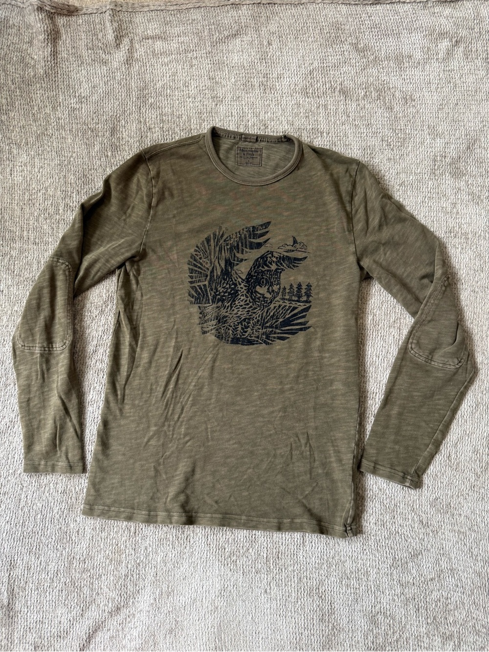 Abercrombie & Fitch Owl Graphic Long Sleeve T-Shirt Olive Green Size Small‎ Y2K